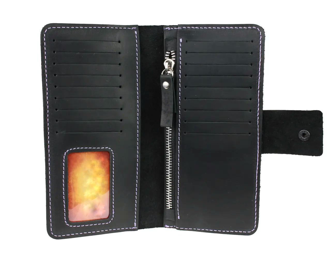 Кошелек FREESKIN кожаный прошит фиолетовой нитью 19х9,5х1 см Черный - фото 2 Кошелек FREESKIN кожаный прошит фиолетовой нитью 19х9,5х1 см Черный - фото 2