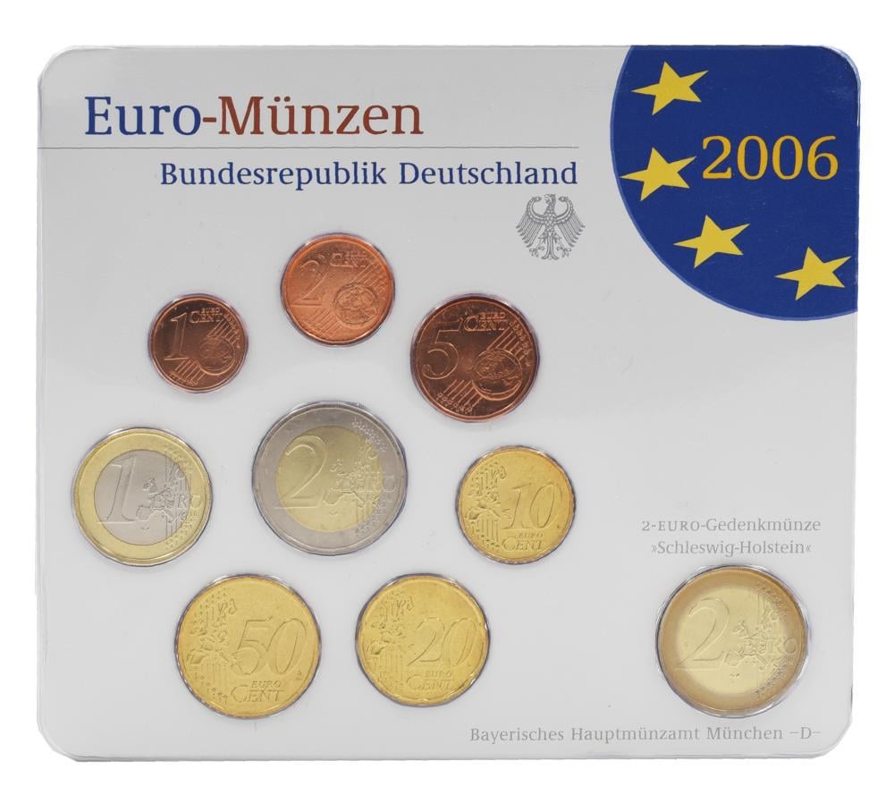 Коллекционные монеты Германия набор из 9 монет евро 2006 UNC D 1/2/5/10/20/50 евроцентов 1/2 евро/памятная 2 евро Блистер (М23500)
