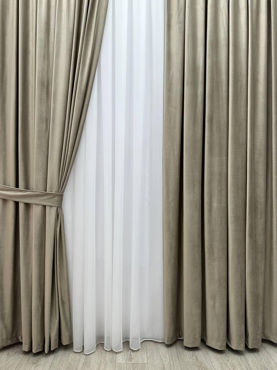 Штора велюрова на тасьмі 6 см 300x260 см Сіро-бежевий (SB-01-14-T43)