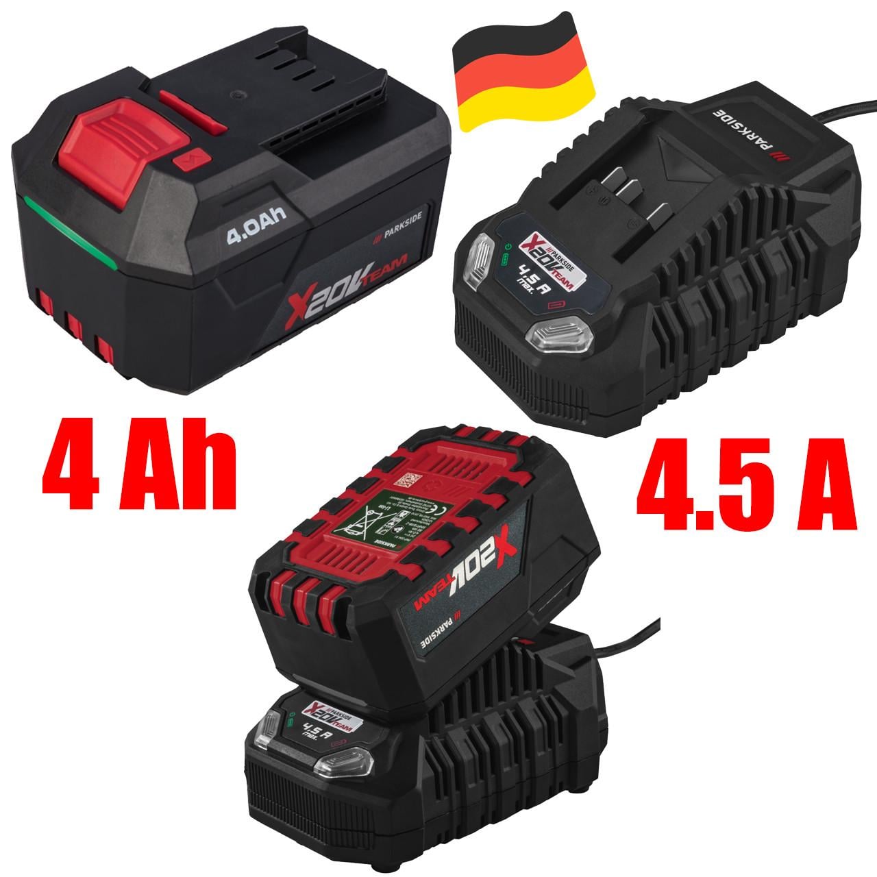 Комплект аккумулятора и зарядного PARKSIDE PAP 204 A1 + PLG 20 C3 (20 В, 4 Аг, 4.5 А, быстрая зарядка, Германия)