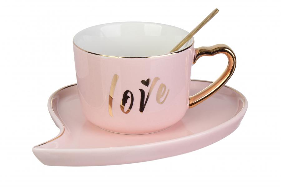 Чашка керамическая Love с блюдцем 170 мл Розовый (100008)