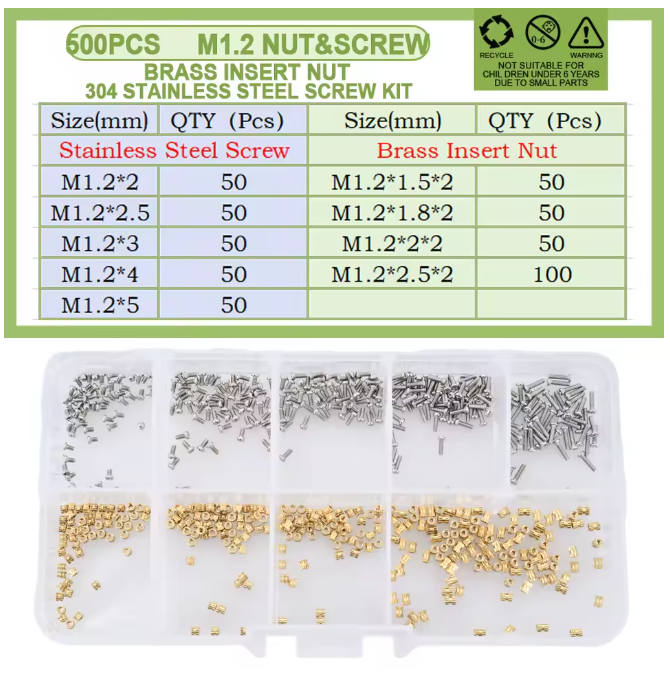 Комплект термовставки та гвинти DIN7985 для 3D друку PLA/ABS Spec М1,2 мм 500 шт. (SP-16912500) - фото 2 Комплект термовставки та гвинти DIN7985 для 3D друку PLA/ABS Spec М1,2 мм 500 шт. (SP-16912500) - фото 2