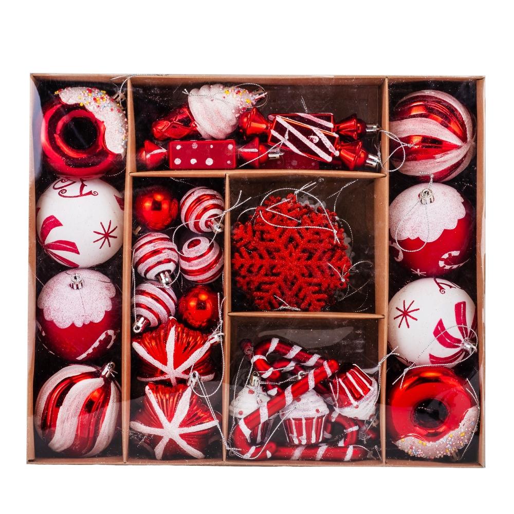 Набір ялинкових іграшок для декору Новорічний еліксир 70 шт. з пластику в коробці Червоно-білий (147-81-9125-030)