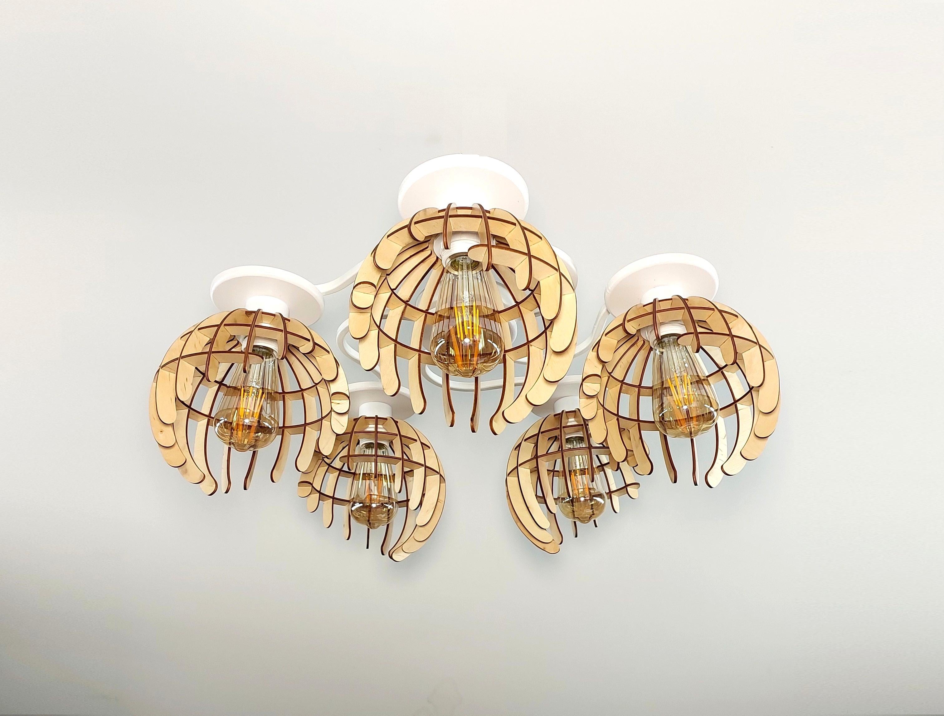 Люстра в стиле лофт на 5 лампочек с деревяными плафонами Белый (4345-13)