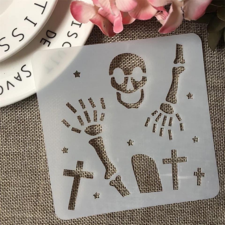 Трафарет для Хэллоуина Кладбище со скелетами 13х13 см Серый (7615/36)