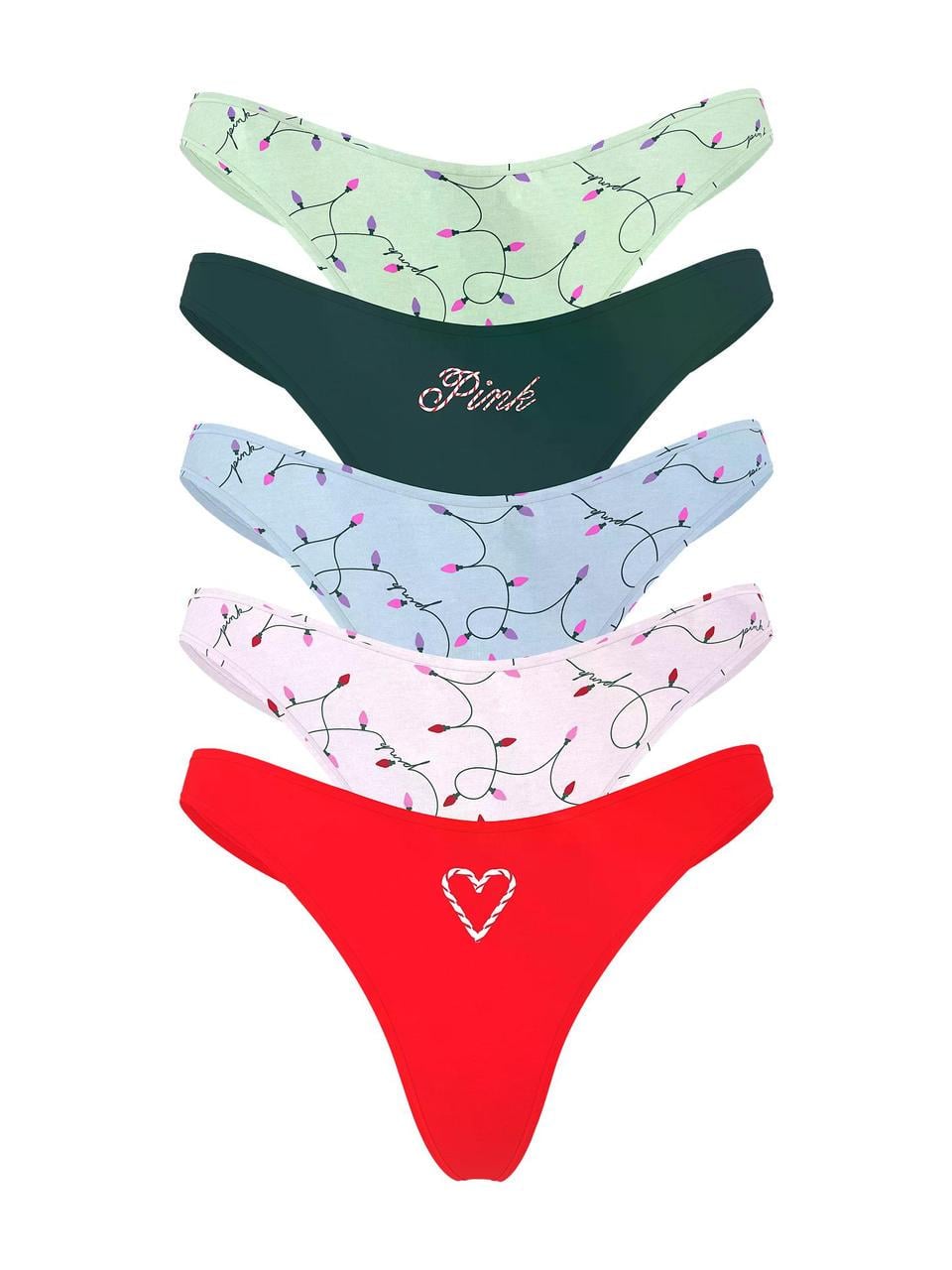 Набір трусиків жіночих бавовняних Victoria's Secret PINK Cotton Thong Panties Holiday Lights S 5 шт. Різнокольоровий (37022159)
