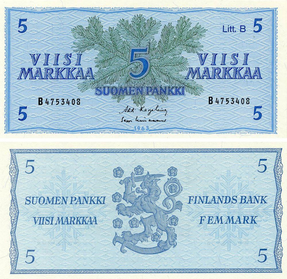 Коллекционная банкнота Финляндия 5 марок 1963 UNC (P106A)