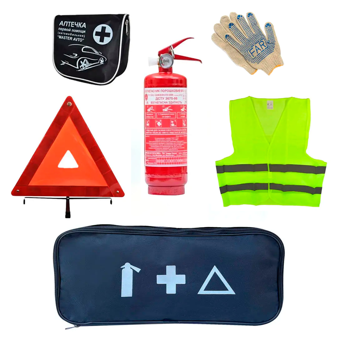 Набор автомобилиста AUTOMIX А25 огнетушитель 1 кг/знак аварийной остановки/аптечка/жилет