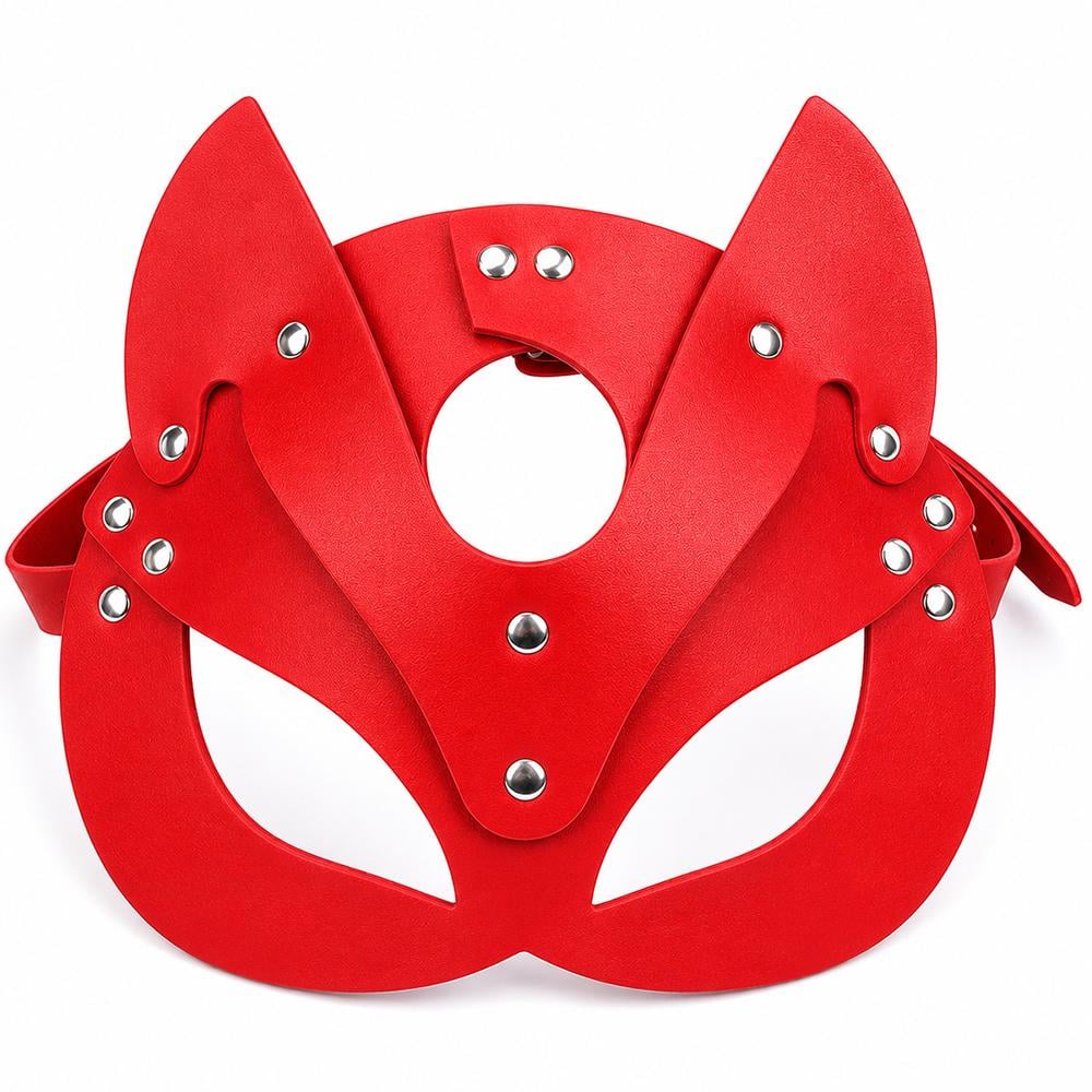BDSM маска кошки из натуральной кожи и заклепками Красный (f802ed61)