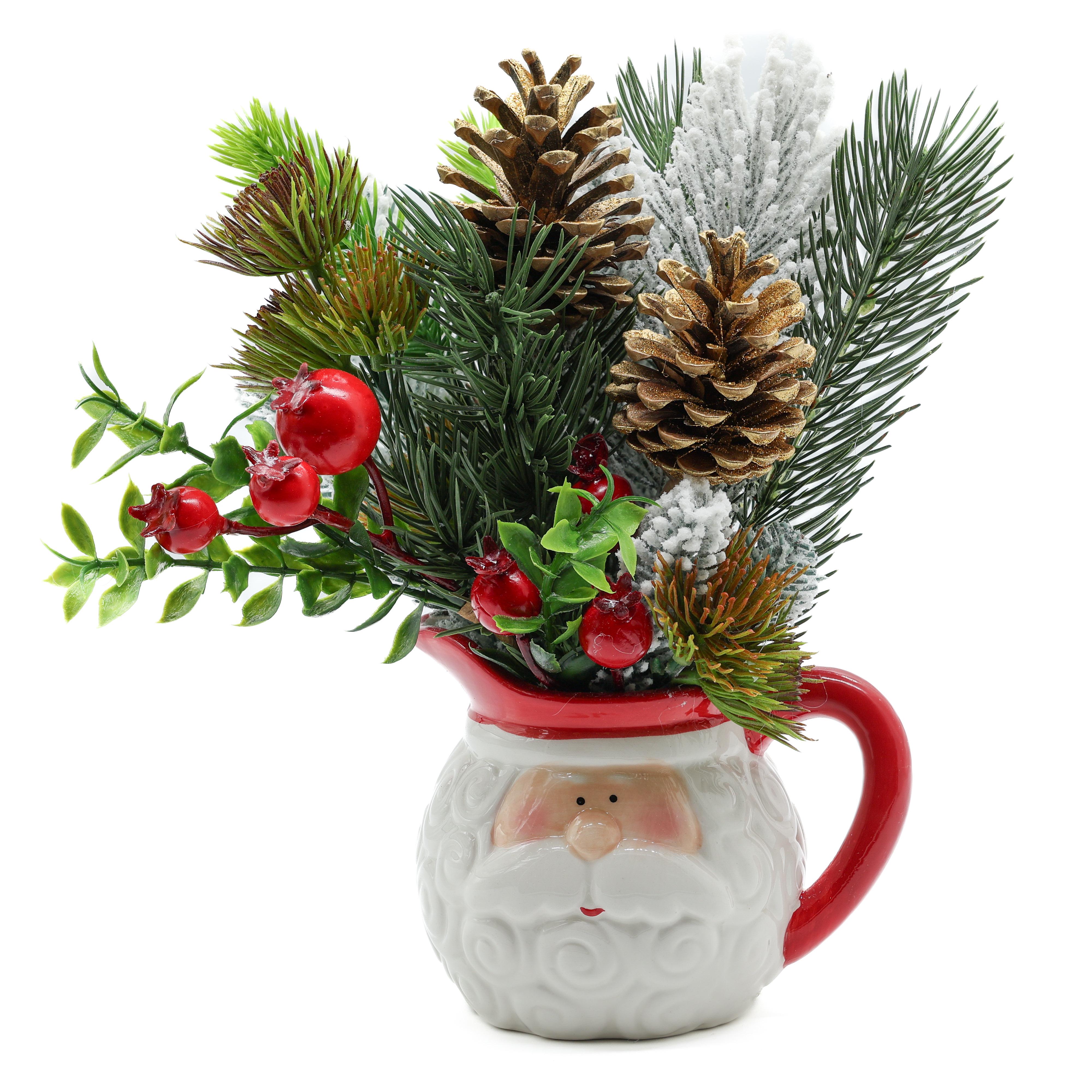 Композиция новогодняя Санта в керамическом кувшине с шишками/сосной и ягодами 25 см (М1525)