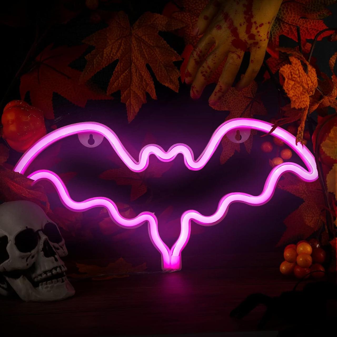 Светильник декоративный настенный неоновый Летучая мышь на батарейках/USB 36x2x18 см Розовый