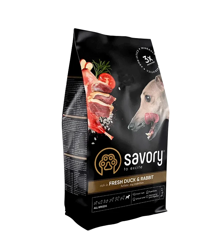Сухой корм для собак всех пород Savory 1 кг кролик и утка