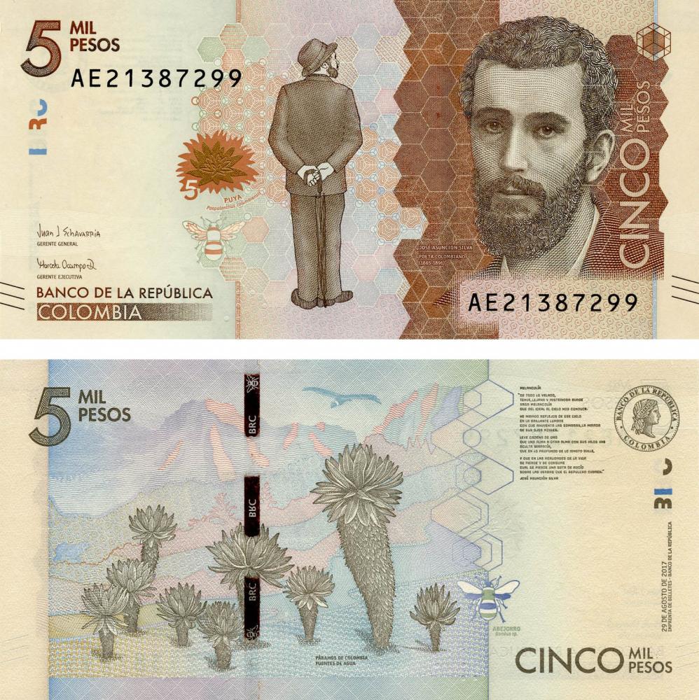 Коллекционная банкнота Колумбия 5000 песо 2017 UNC P459с (Б13406)