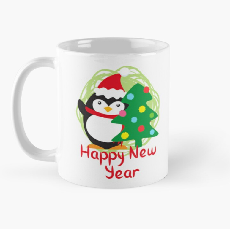 Чашка керамічна з принтом Happy New Year Пінгвін та ялинка 330 мл Білий