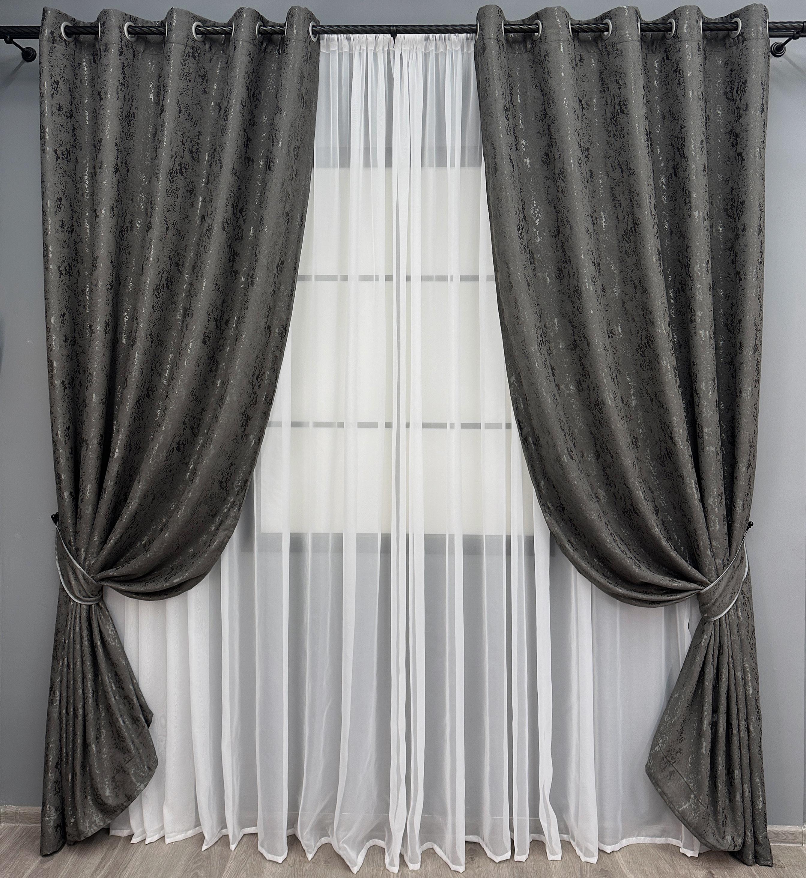 Комплект штор на люверсах VR-Textil Лен мрамор Pavliani №1667ш 150х250 см 2 шт. Графитовый (37-0170)