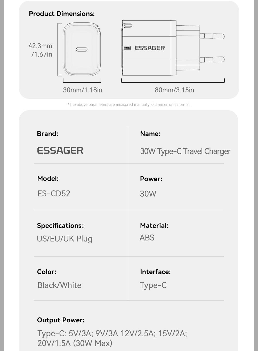Зарядное устройство сетевое Essager Quick Charger Type-C 30 W Black (29113946) - фото 9