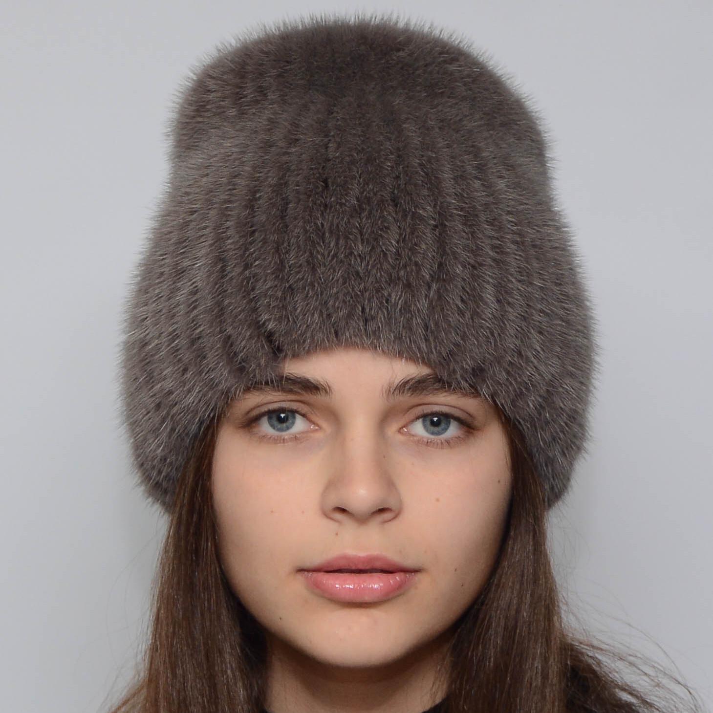 Зимняя шапка-кубанка из вязаной норки Меховой стиль Хвост натуральный мех XL-XXL Кофе (109)