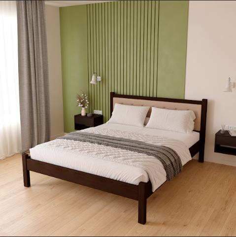 Кровать с мягким изголовьем двуспальная 1600х2000х400 мм Орех темный /Бежевый (E-1)