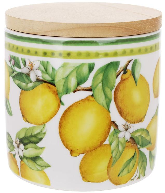 Банка фарфоровая сицилийский лимон для сыпучих продуктов с деревянной крышкой 460 мл