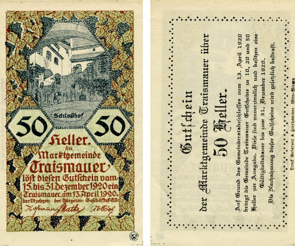 Коллекционная банкнота Германия Нотгельд 50 пфеннигов 1920 F-VF Трайсмауэр (Б18630)