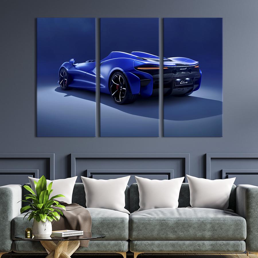 Картина на холсте триптих Синий суперкар McLaren Elva 128x81 см (1356-31)