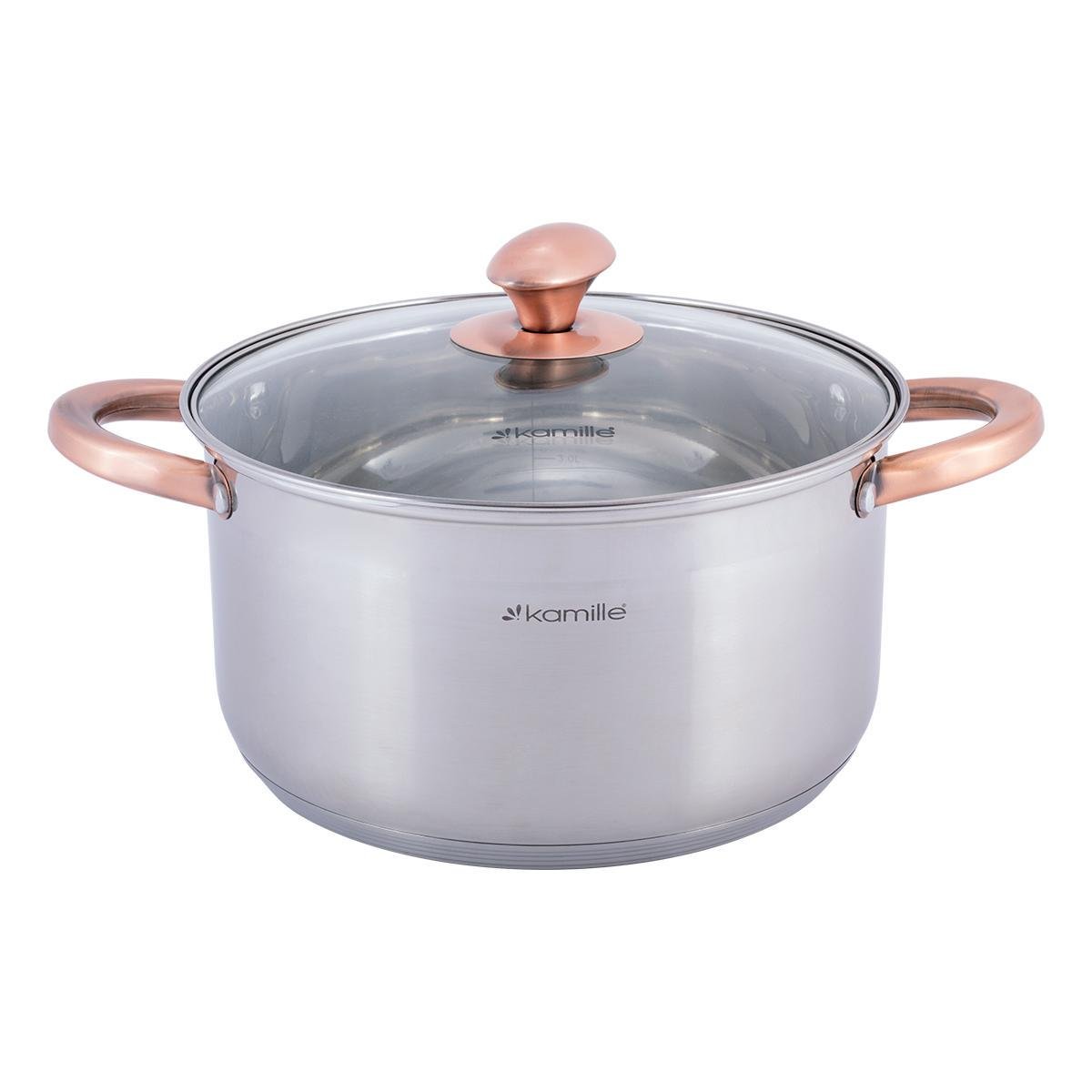 Каструля зі скляною кришкою Kamille KM-4934 з нержавіючої сталі та 5-ти шаровим дном 5 л Мідно-сталевий (124-84-4934)