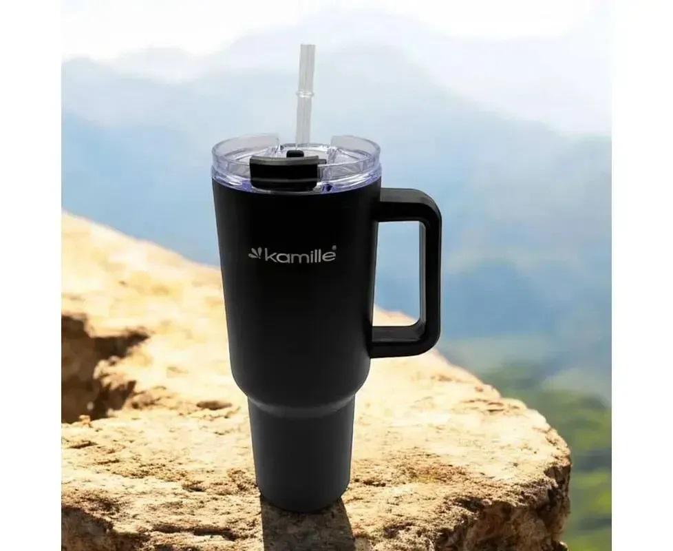 Термокухоль з ручкою та трубочкою Kamille KM-2172 з нержавіючої сталі 1200 мл Чорний (150-84-2172) - фото 5 Термокухоль з ручкою та трубочкою Kamille KM-2172 з нержавіючої сталі 1200 мл Чорний (150-84-2172) - фото 5