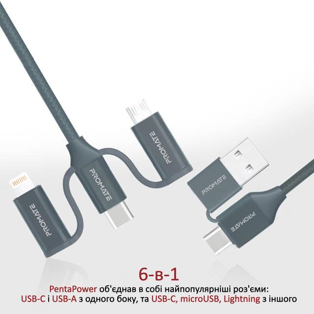 Кабель Promate PentaPower USB-C/USB-А to USB-C/microUSB/Lightning 1,2 м Grey - фото 2