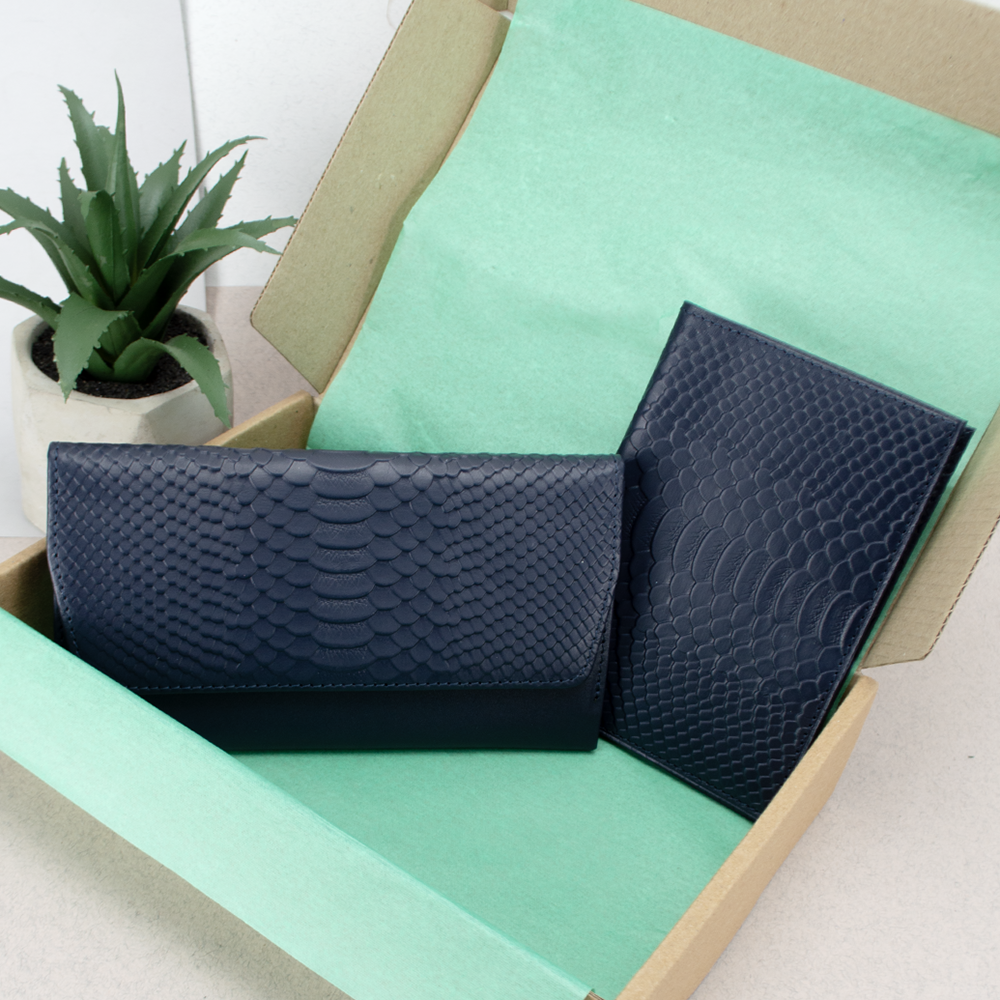 Подарунковий жіночий набір №91 гаманець Leona/обкладинка на паспорт Синій пітон (2132376328)