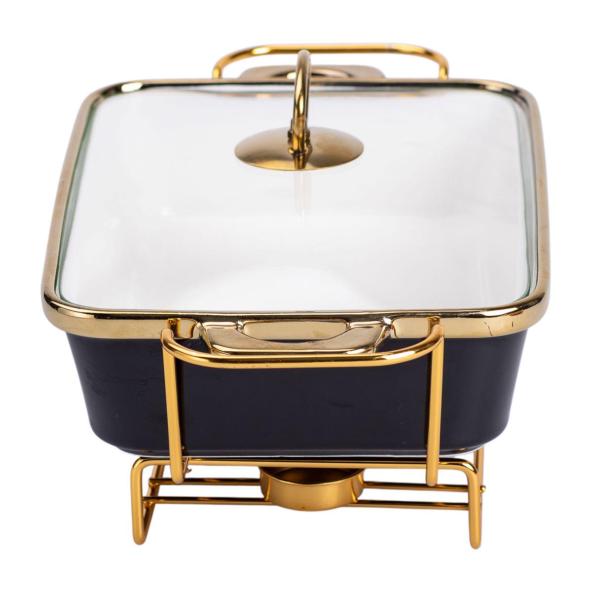 Мармит фарфоровый со стеклянной крышкой на металлической подставке 35,5х19х15,5 см 1,5 л Черный - фото 3