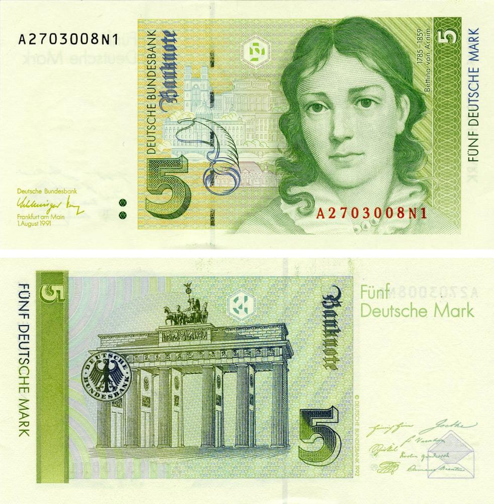 Коллекционная банкнота Германия 5 марок 1991 UNC P37 (Б03465)