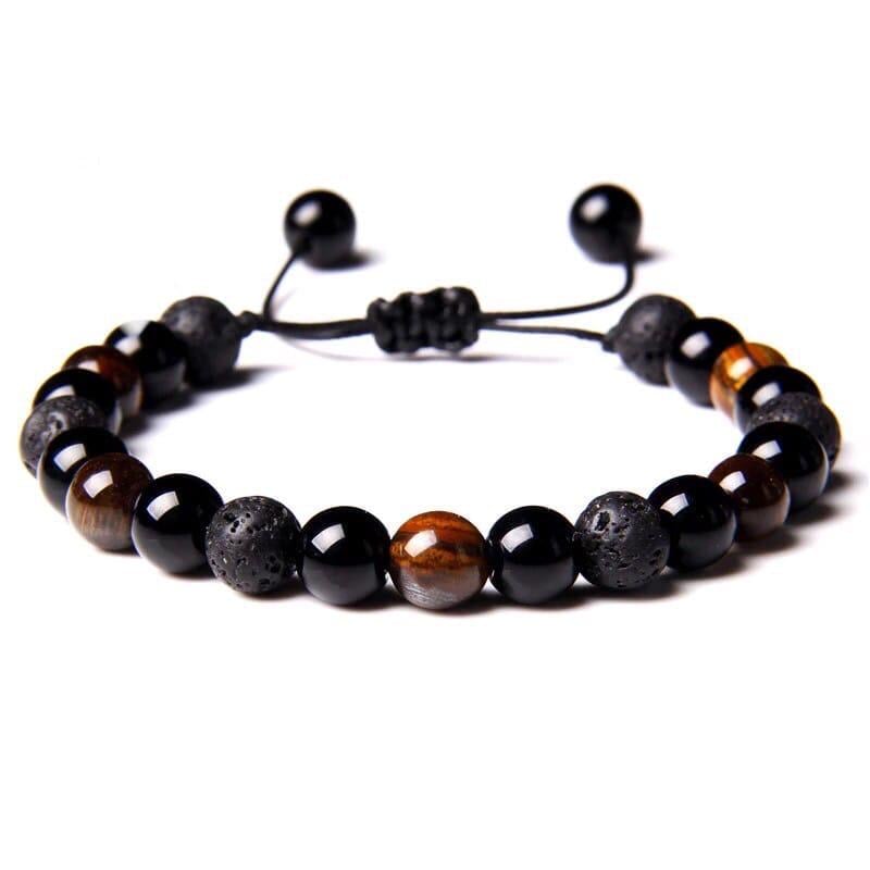 Браслет з лавового каменю тигрового ока та агату на стяжці р. 23 (80069)