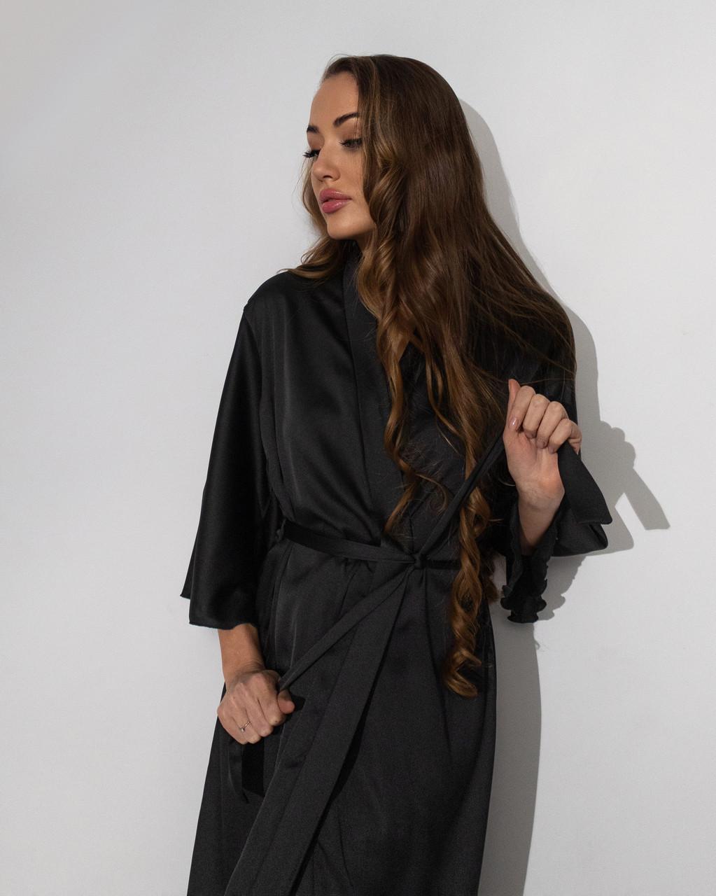 Халат жіночий довгий шовковий 2XL Чорний - фото 5 Халат жіночий довгий шовковий 2XL Чорний - фото 5