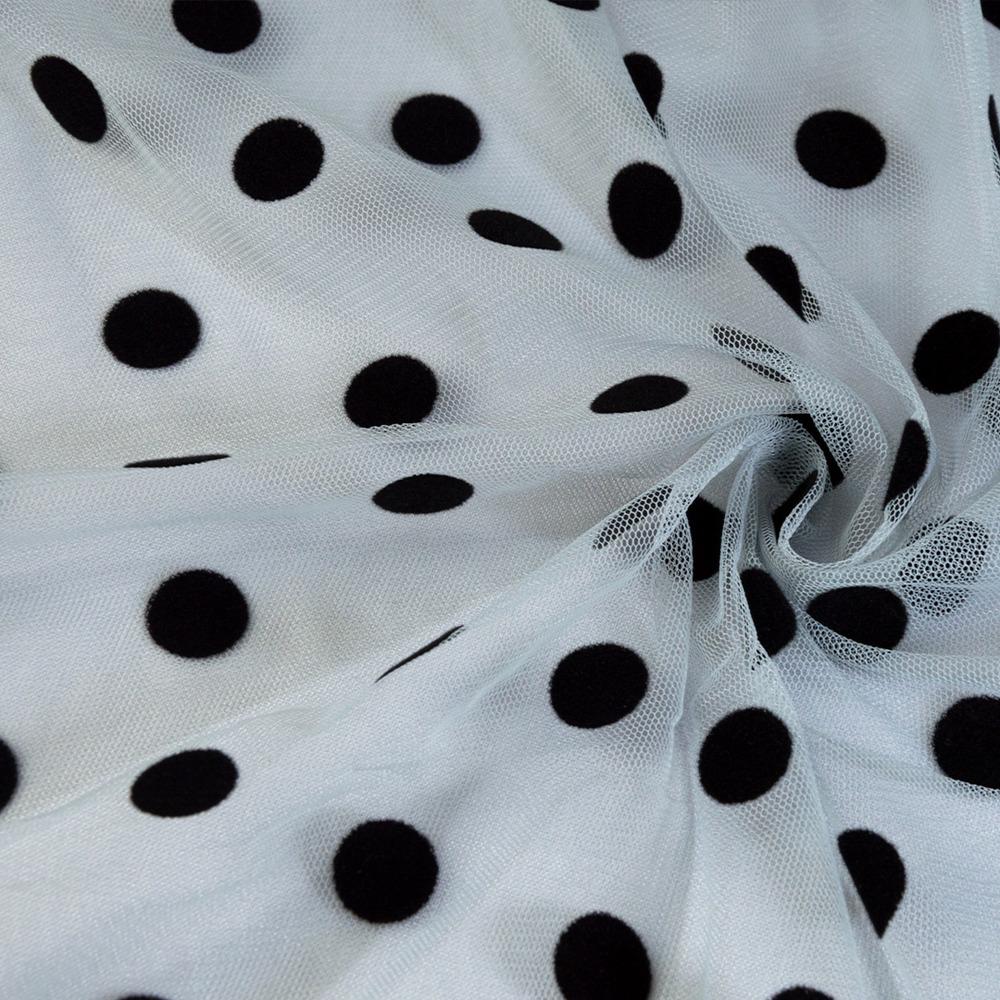 Ткань сетка стрейч Горох с флоком полынь Черный (19409)