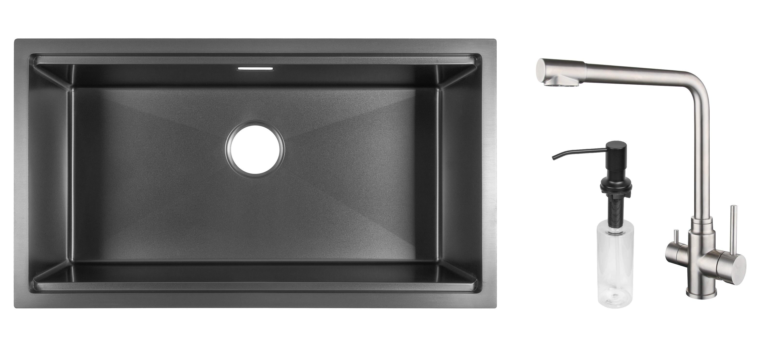 Комплект из кухонной мойки Gunter&Hauer Federbach 8022 Black кухонного смесителя Gunter&Hauer LUFT Br и дозатора Gunter&Hauer Soap Dispenser Black