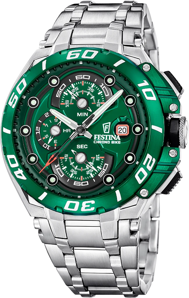 Наручные часы мужские Festina F20754/5 Chrono Bike со стальным корпусом WR 200 м и зеленым циферблатом
