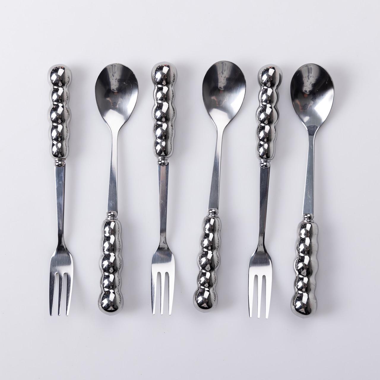 Набір десертних виделок та ложок з керамічними ручками та підставкою для 3 персон 7 приладів Сірий металік - фото 2 Набір десертних виделок та ложок з керамічними ручками та підставкою для 3 персон 7 приладів Сірий металік - фото 2