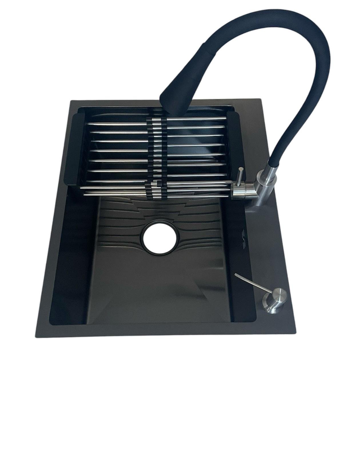 Мийка кухонна Lidz 6050 Чорний/змішувач-кран для кухні Aria 015F31 з гнучким виливом