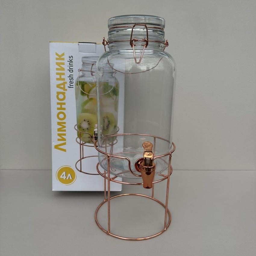 Лимонадник стеклянный S&T 9036 со стеклянной крышкой на подставке 4 л Бронзовый (2640390374) - фото 4