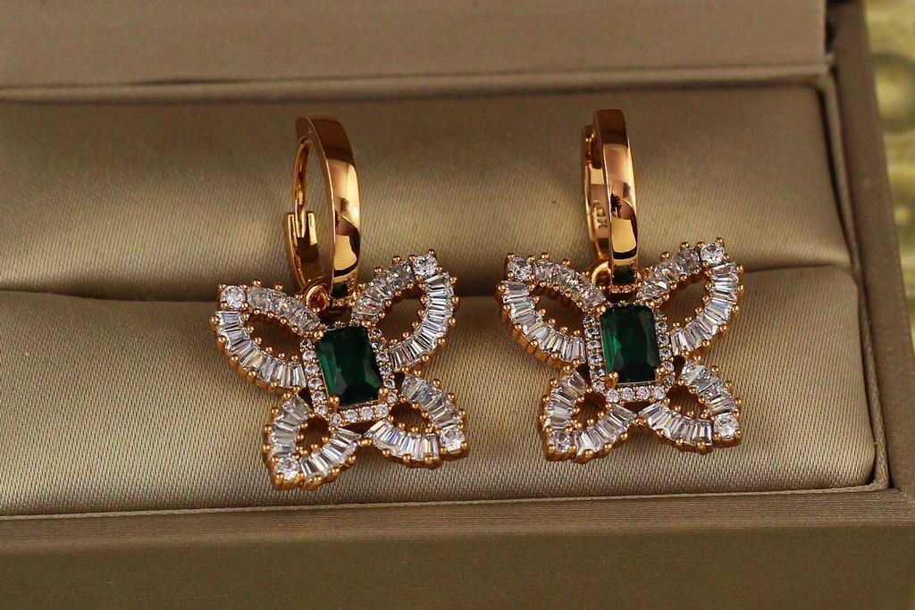 Серьги подвески Xuping Jewelry бабочки с зеленым камнем 2,8 см Золотистый (2271300391)