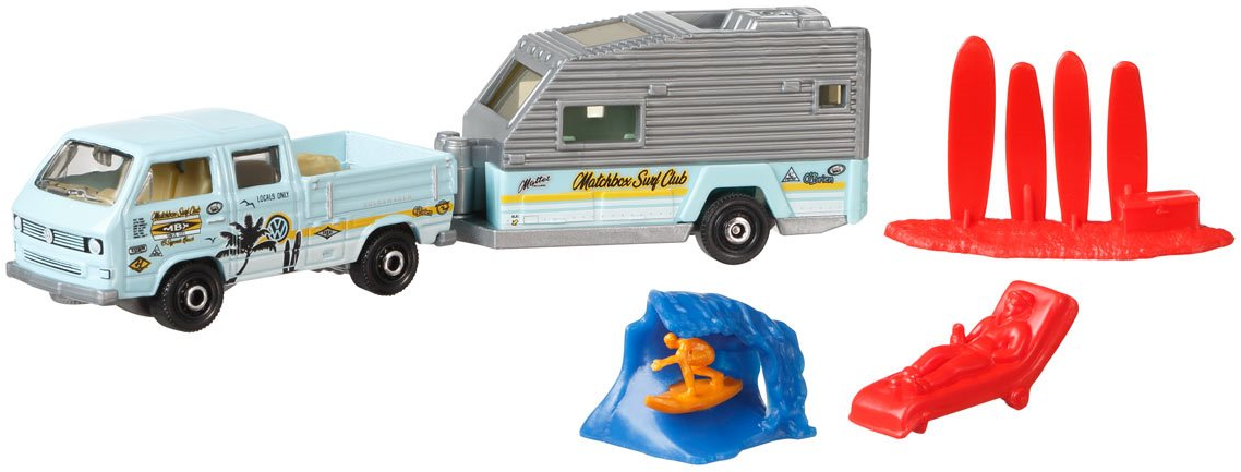 Набор игрушечных машинок Matchbox Volkswagen Transporter Cab & Travel Trailer II 2021 MBX Wave Rider Dig 4/8 Hitch & Haul (GWM60)