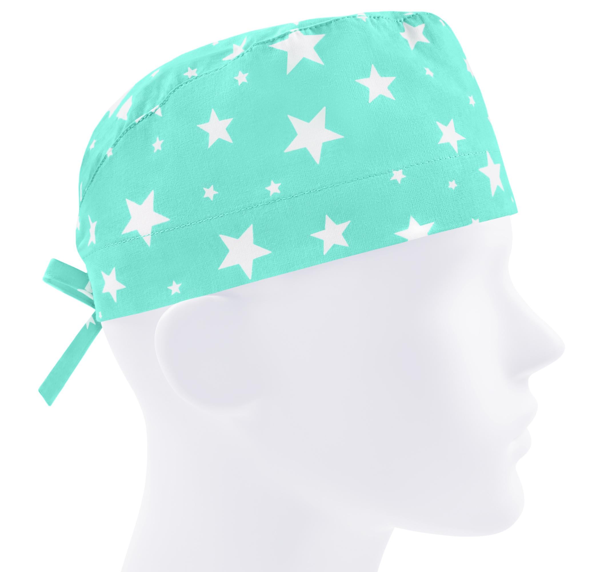 Шапочка медична чоловіча FloralScrubs Білі зірки на м'ятному універсальна (М162)