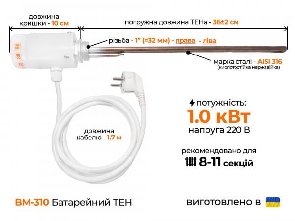 ТЕН для алюмінієвого радіатора Grepan нержавіюча сталь 1,0 кВт 220 V 36 см (BM310) - фото 3