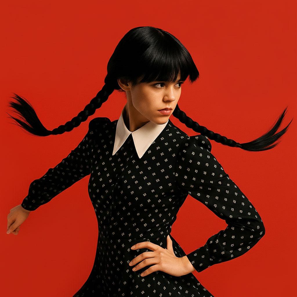 Перука для косплею чубчик і кіски в стилі Венсдей Аддамс 65 см Брюнет (K000798)