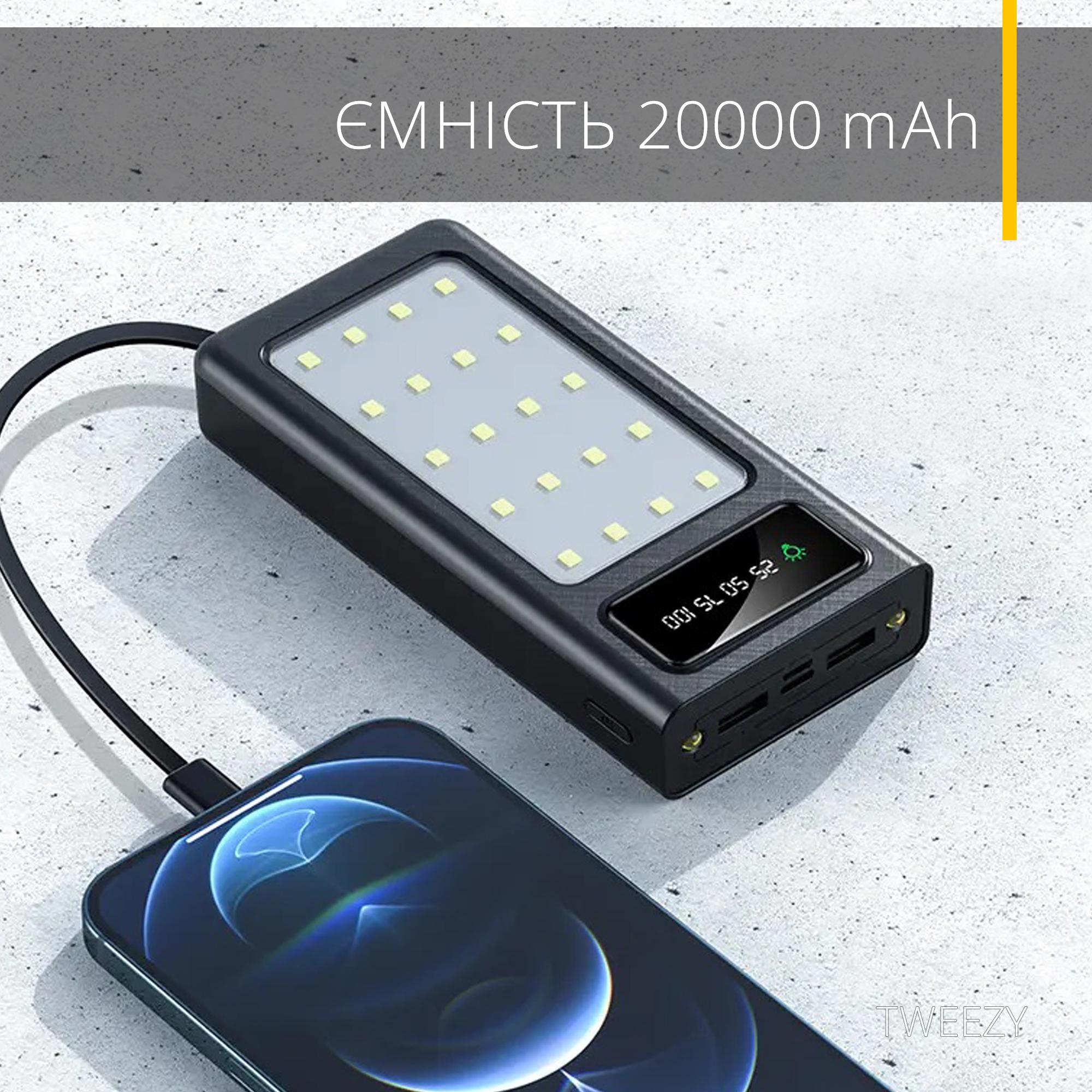 Зовнішній портативний акумулятор 20000 mAh із вбудованими перехідниками на 5 виходів та ліхтариком Чорний (00022) - фото 5