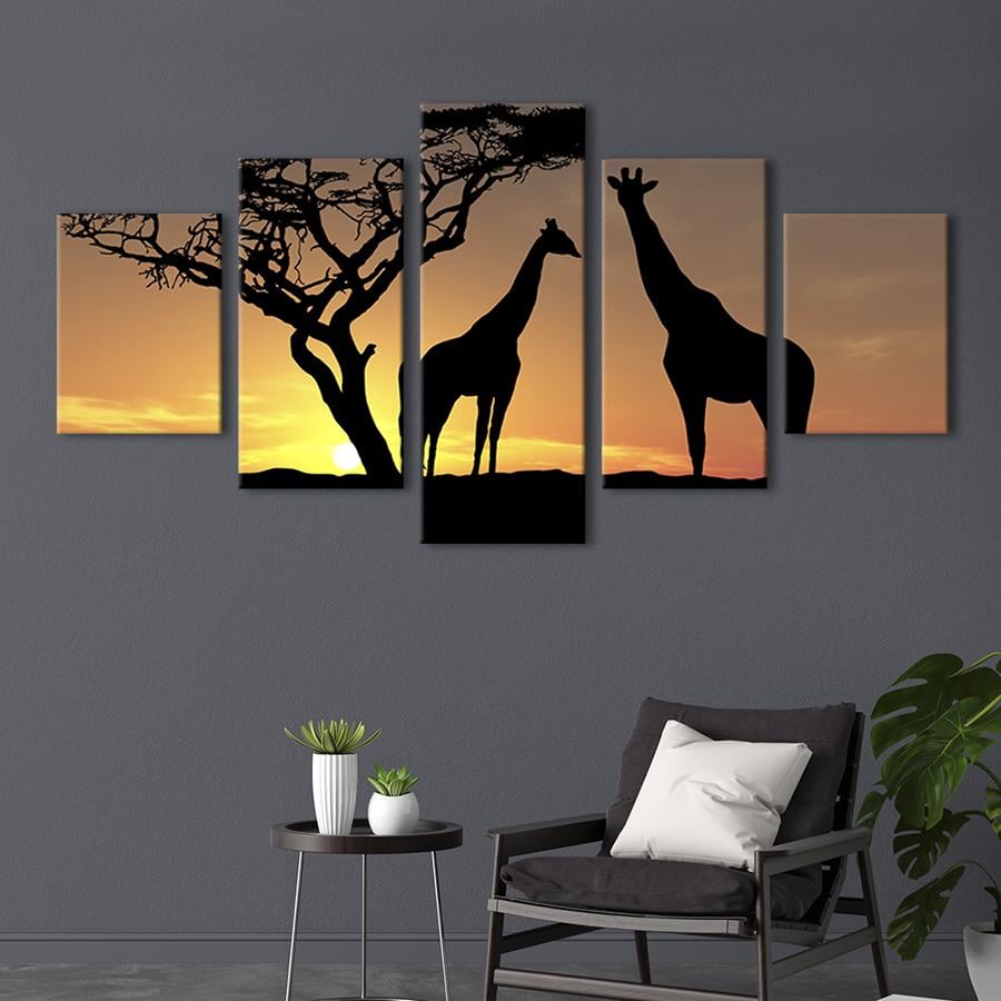 Модульная картина из 5 частей на холсте интерьерная картина Силуэты жирафов и дерево 162x80 см (130-52) Модульная картина из 5 частей на холсте интерьерная картина Силуэты жирафов и дерево 162x80 см (130-52)