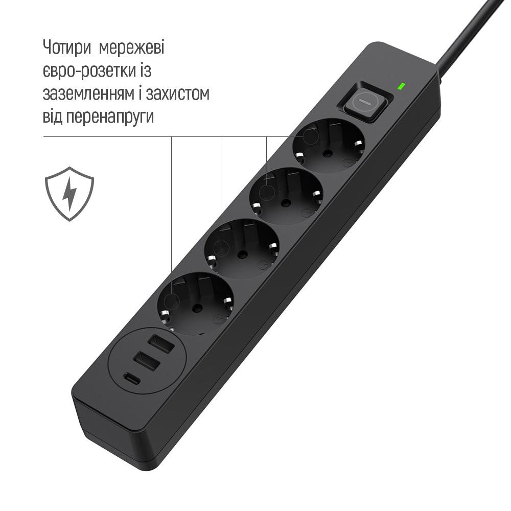 Удлинитель-фильтр сетевой СolorWay 4 розетки/2USB-A/1 TYPE-C 24W 5 м Black (CW-CHE435PDB) - фото 13