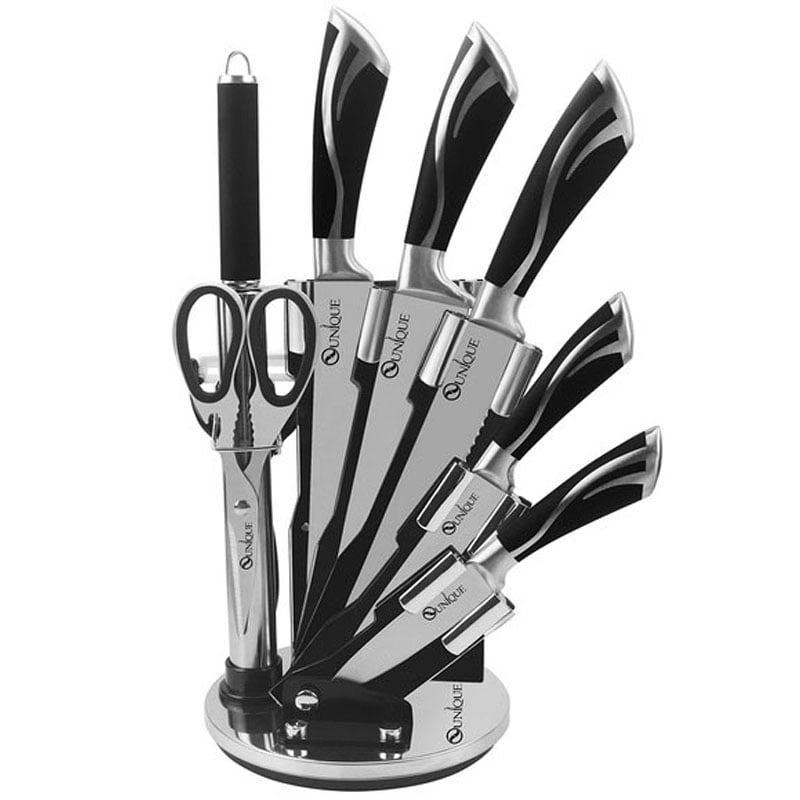 Набір ножів кухонних Unique UN-1834 нержавіюча сталь з підставкою 9 пр. Black (23793641)