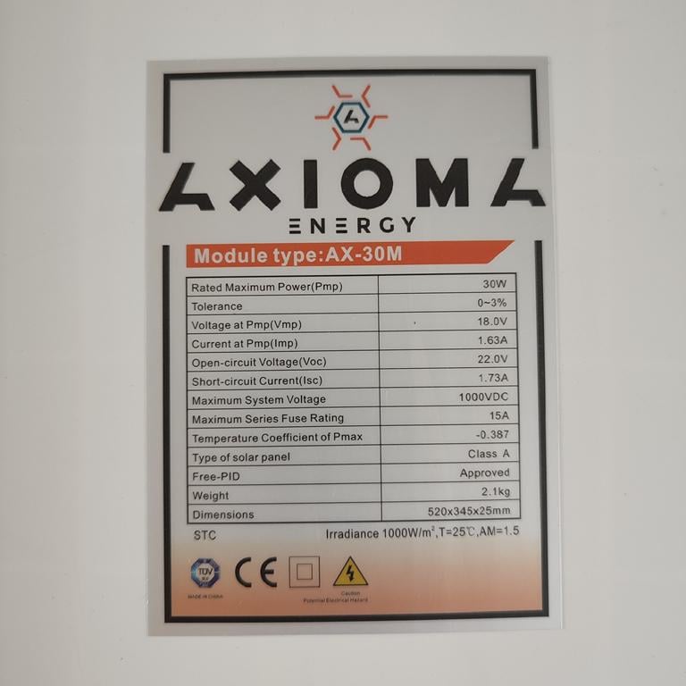 Батарея сонячна Axioma Energy AX-30M Mono монополікристалічна панель без з'єднувальних кабелів фотомодуль 30 Вт 520х345х25 мм (AX-30M) - фото 3