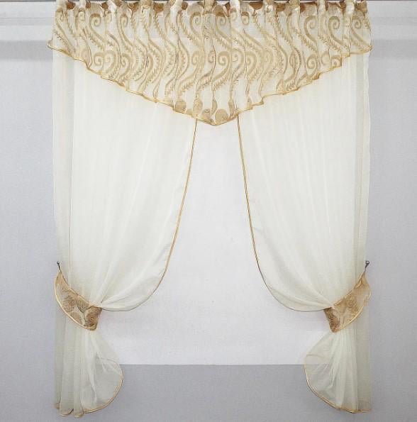 Фіранка кухонна шифон/органза 290х170 см Молочний/Темно-бежевий (084к)